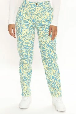 Fashion Nova Mod Babe Swirl Print Slim Straight Leg Jeans - Blue/combo