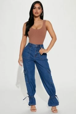 Fashion Nova Petite Spotlight Slouchy Ankle Tie Jeans - Dark Wash