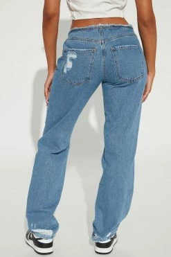 Fashion Nova Hot Take Cut Off Waistband Straight Leg Jeans - Medium Blue Wash