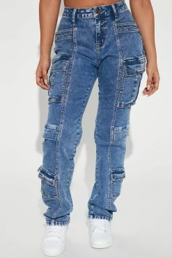Fashion Nova Straight Leg Jeans Always Right Mid Rise Cargo Stretch Jeans - Acid Wash Blue