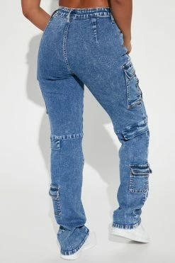 Fashion Nova Straight Leg Jeans Always Right Mid Rise Cargo Stretch Jeans - Acid Wash Blue
