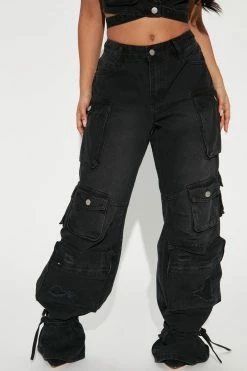 Fashion Nova Baggy Jeans Billie Ripped Ankle Tie Cargo Jeans - Black