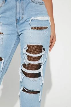 Fashion Nova Town Gossip Non Stretch Ripped Straight Leg Jeans - Light Blue Wash