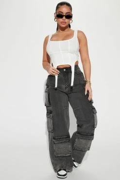 Fashion Nova Baggy Jeans Settle Down Non Stretch Cargo Jeans - Black