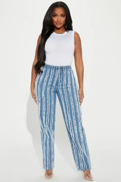 Fashion Nova Step It Up Frayed Straight Leg Jean - Medium Blue Wash Straight Leg Jeans