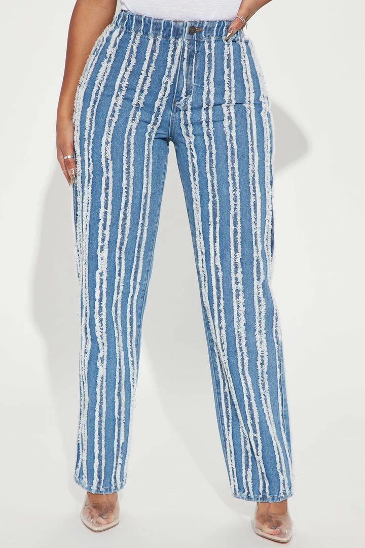 Fashion Nova Step It Up Frayed Straight Leg Jean - Medium Blue Wash Straight Leg Jeans