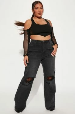 Fashion Nova 90s Loose Ripped Straight Leg Jeans - Black Wash