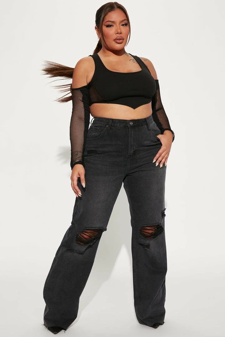 Fashion Nova 90s Loose Ripped Straight Leg Jeans - Black Wash