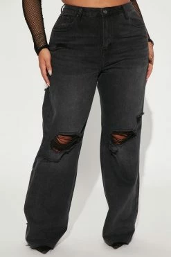 Fashion Nova 90s Loose Ripped Straight Leg Jeans - Black Wash