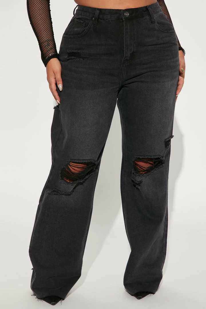 Fashion Nova 90s Loose Ripped Straight Leg Jeans - Black Wash