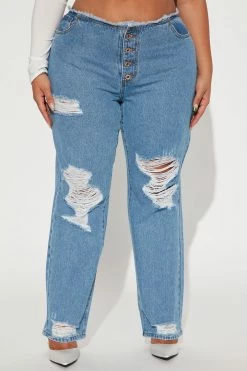 Fashion Nova Hot Take Cut Off Waistband Straight Leg Jeans - Medium Blue Wash