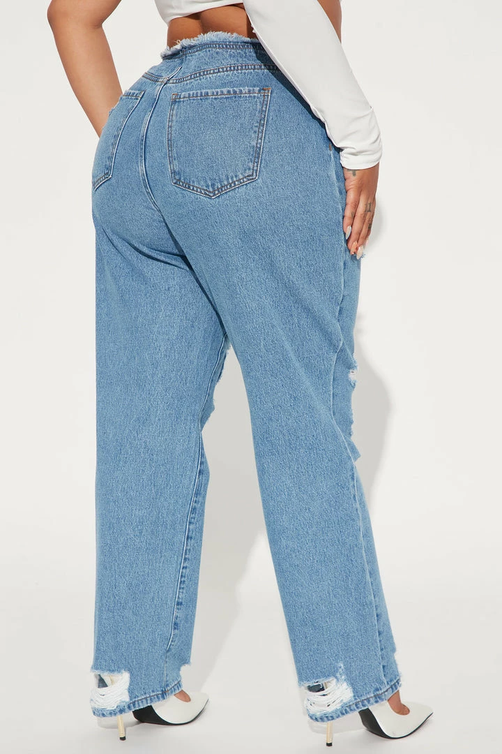 Fashion Nova Hot Take Cut Off Waistband Straight Leg Jeans - Medium Blue Wash