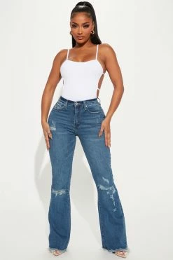 Fashion Nova Rough Rider Distressed Flare Jeans - Dark Wash