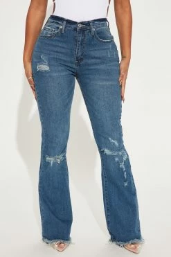 Fashion Nova Rough Rider Distressed Flare Jeans - Dark Wash