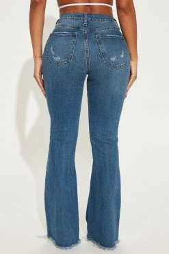 Fashion Nova Rough Rider Distressed Flare Jeans - Dark Wash