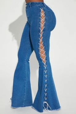 Fashion Nova Flare Jeans Claudia Lace Up High Rise Flare Jean - Medium Blue Wash