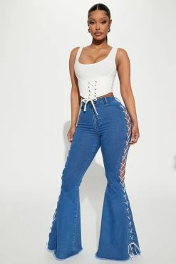 Fashion Nova Flare Jeans Claudia Lace Up High Rise Flare Jean - Medium Blue Wash