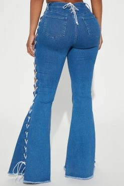 Fashion Nova Flare Jeans Claudia Lace Up High Rise Flare Jean - Medium Blue Wash