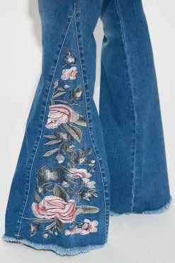 Fashion Nova Flare Jeans Smell The Roses Embroidered Flare Jean - Medium Blue Wash