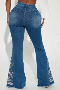 Fashion Nova Flare Jeans Smell The Roses Embroidered Flare Jean - Medium Blue Wash