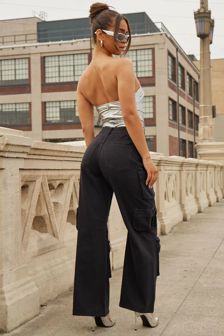 Fashion Nova Melrose High Rise Cargo Jean - Black Baggy Jeans