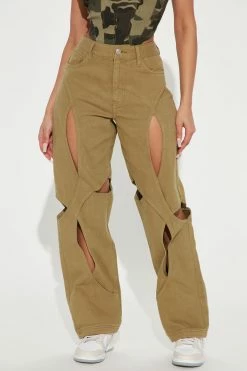 Fashion Nova User Friendly Cut Out Non Stretch Straight Leg Jeans - Olive