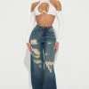 Fashion Nova Hit The Road Non Stretch Distressed Wide Leg Jean - Medium Wash Flare Jeans