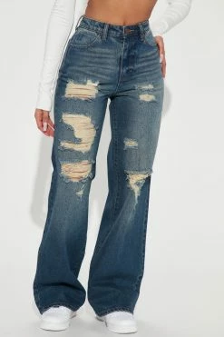 Fashion Nova Hit The Road Non Stretch Distressed Wide Leg Jean - Medium Wash Flare Jeans