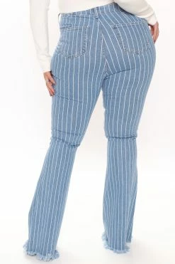 Fashion Nova Crossed The Line Striped Flare Jeans - Light Blue Wash