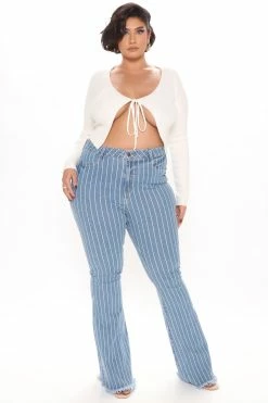 Fashion Nova Crossed The Line Striped Flare Jeans - Light Blue Wash
