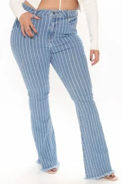 Fashion Nova Crossed The Line Striped Flare Jeans - Light Blue Wash
