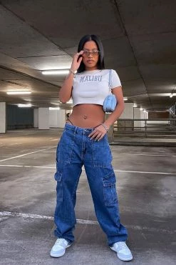 Fashion Nova Always On His Mind Cargo Boyfriend Jeans - Medium Blue Wash Baggy Jeans
