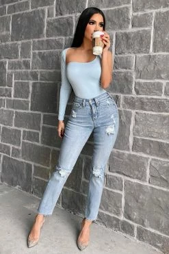 Fashion Nova Pucker Up Distressed Mom Jeans - Light Blue Wash