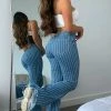 Fashion Nova Crossed The Line Striped Flare Jeans - Light Blue Wash