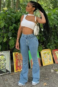 Fashion Nova Crossed The Line Striped Flare Jeans - Light Blue Wash