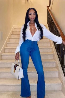 Fashion Nova Deep In My Soul Flare Jeans - Medium Blue Wash Skinny Jeans