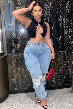 Fashion Nova Distressed Crossover Straight Leg Jeans - Light Blue Wash