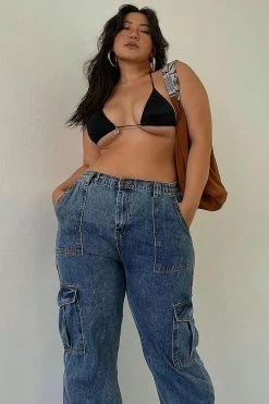 Fashion Nova Don't You Worry Wide Leg Cargo Jeans - Medium Blue Wash