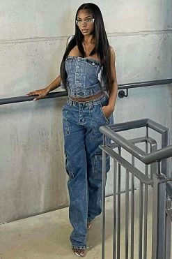 Fashion Nova Don't You Worry Wide Leg Cargo Jeans - Medium Blue Wash