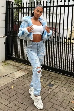 Fashion Nova Favorite Getaway Destroyed Straight Leg Jeans - Light Blue Wash