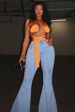 Fashion Nova Feelin' Good Lace Up Stretch Flare Jeans - Light Blue Wash