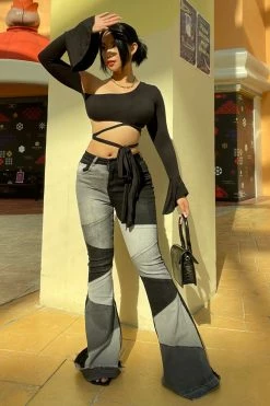 Fashion Nova Fixed You Up Patchwork Flare Jeans - Black/combo