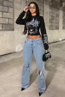 Fashion Nova Go All Cut Out Slouch Fit Jeans - Light Blue Wash