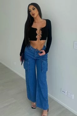 Fashion Nova Half Pipe Non Stretch Cargo Skater Jeans - Medium Blue Wash