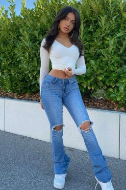 Fashion Nova Bootcut Jeans Jessie Mid Rise Distressed Bootcut Jean - Light Blue Wash