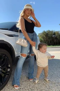 Fashion Nova Bootcut Jeans Jessie Mid Rise Distressed Bootcut Jean - Light Blue Wash