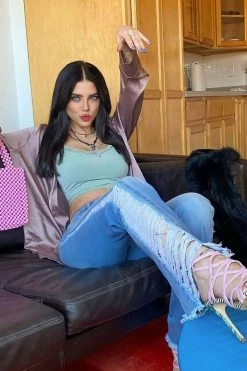 Fashion Nova Kiana Distressed Flare Jeans - Light Blue Wash