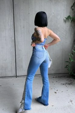Fashion Nova Kiana Distressed Flare Jeans - Light Blue Wash