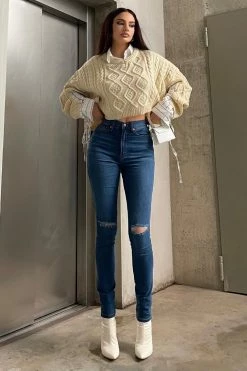 Fashion Nova Kiara Slit Knee Stretch Skinny Jeans - Medium Blue Wash