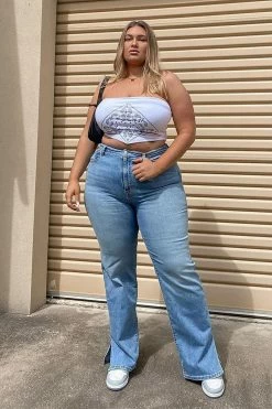 Fashion Nova Straight Leg Jeans Killing 'Em Softly Side Split Jean - Light Blue Wash